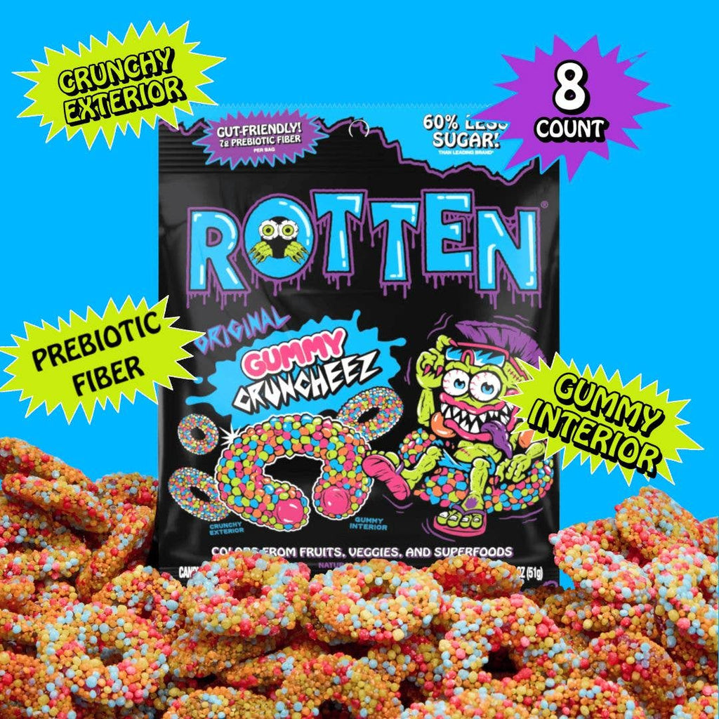 Packaging of 'Rotten' gummy crunchiez with colorful gummies on a blue background